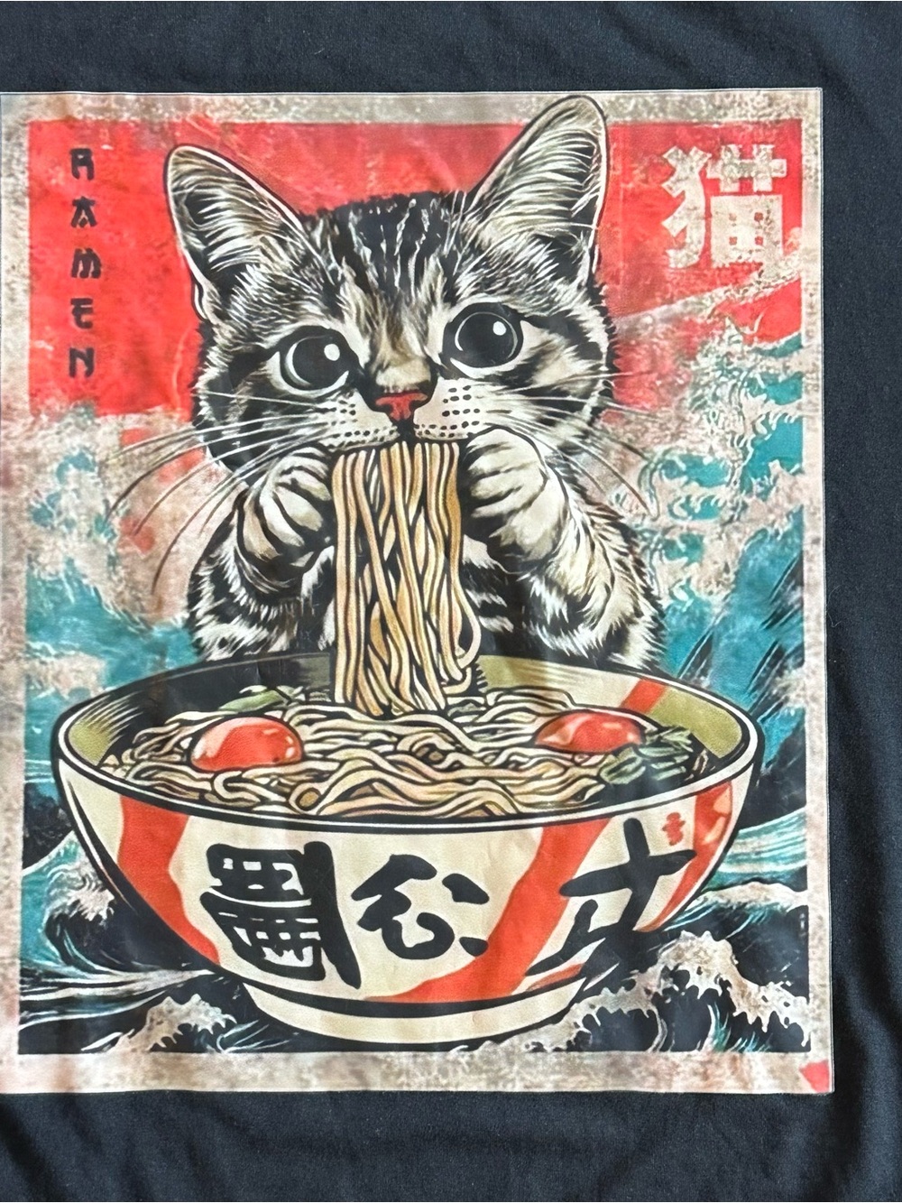 Funny Cat Tee Ramen Noodles T-shirt Kawaii Anime Manga Japanese 3X Black - Picture 3 of 6